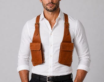 Bolsa dupla para celular em couro legítimo, com alça de ombro para homens.