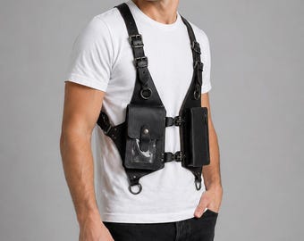 Handcrafted Black Leather Chest Harness Bag – Tactical Utility Rig with Phone Pocket, Festival Ready