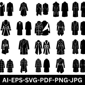 Paquete de archivos SVG para abrigos, conjunto de bocetos planos de moda, paquete técnico de prendas de abrigo, diseño CAD de ropa femenina, vector de chaqueta de invierno, imágenes prediseñadas de gabardina en formato PNG y EPS.