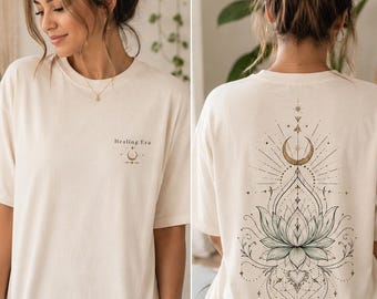 Healing Era  Shirt, Celestial Lotus Moon Tee, Boho Yoga Spiritual Shirt, Meditation Graphic Tee, Wellness Gift Tee