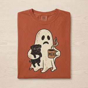 Comfort Colors Grumpy Ghost Pug Coffee Shirt, Funny Meh Halloween Tee, Black Pug Ghost Graphic Tee