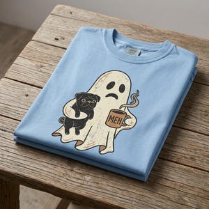 Grumpy Ghost Pug Coffee Comfort Colors Shirt, Funny Meh Halloween Tee, Black Pug Ghost Graphic Tee