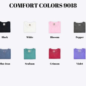 a collection of eight different colored t-shirts, each with a label indicating the color: black, white, pink, gray, black, white, pink, gray, pink, purple, blue-jeans, and sea foam.