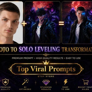 Op de afbeelding: Een afbeelding die een fototransformatieconcept laat zien. De tekst luidt "PHOTO TO SOLO LEVELING TRANSFORMATION". Het ontwerp bevat een foto van een man, een illustratie in anime-stijl en de getransformeerde afbeelding. Extra tekst promoot premium prompts en hoogwaardige resultaten.