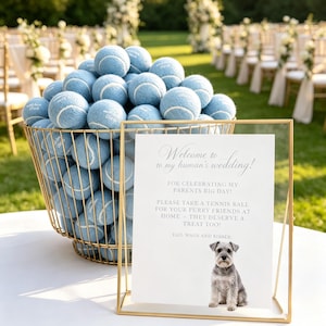 May include: A gold wire basket filled with light blue tennis balls next to a white sign in a gold frame. The sign reads: Welcome to my human's wedding! For celebrating my parents big day! Please take a tennis ball for your furry friends at home.