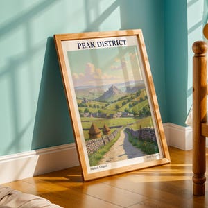 Peak District Poster - Vintage Travel Style, Seafoam Green and Sky Blue, Watercolor Illustration