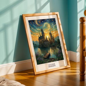 Poster di Hogwarts: volute post-impressioniste moderne, tonalità blu navy e verde acqua.