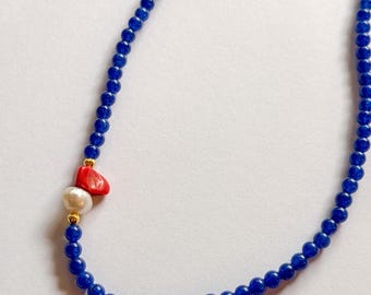 Cobalt Blue Beaded Necklace with Pearl & Coral Accent | Coastal Summer Jewelry