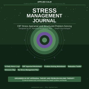 May include: A dark green journal cover with the title "STRESS MANAGEMENT JOURNAL" in large white letters. The cover includes a circular design with concentric rings of green and purple. Additional text includes "CBT Stress Appraisal" and "Problem-Solving".