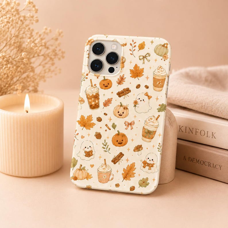 May include: A cream-colored smartphone case featuring a repeating pattern of autumn-themed illustrations including orange pumpkins, brown maple leaves, cinnamon sticks, coffee cups with whipped cream, small bows, and white ghosts with faces.