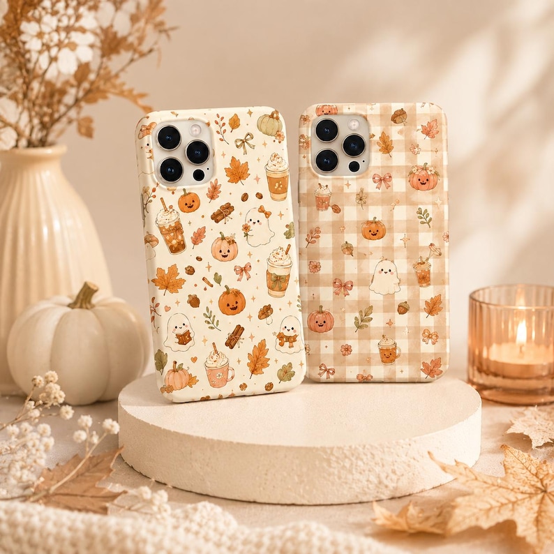 May include: Two smartphone cases featuring autumn-themed patterns. The left case has a cream background with illustrations of ghosts, pumpkins, coffee cups, and leaves. The right case features a beige and white gingham check pattern with similar icons.
