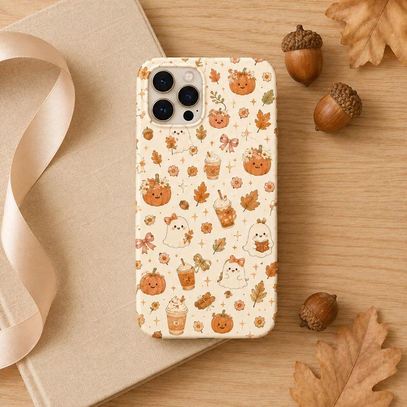 May include: A cream-colored phone case featuring a repeating pattern of orange pumpkins, white ghosts, autumn leaves, bows, and coffee drinks. The design includes small star accents and floral elements in shades of orange, brown, and tan.