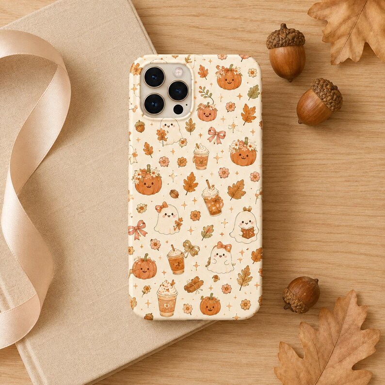 May include: A cream-colored phone case featuring a repeating pattern of orange pumpkins, white ghosts, autumn leaves, bows, and coffee drinks. The design includes small star accents and floral elements in shades of orange, brown, and tan.
