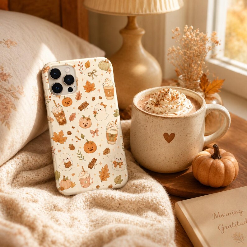 May include: A cream-colored phone case featuring a repeating pattern of orange pumpkins, autumn leaves, small ghosts, cinnamon sticks, and iced coffee drinks. The design includes soft brown and orange tones, with small stars scattered throughout the print.