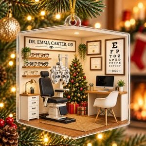May include: A clear acrylic ornament featuring a miniature optometry office scene with a black exam chair, phoropter, desk, computer, and a Christmas tree. The wall displays the text DR. EMMA CARTER, OD, an eye chart with 2026, and two framed diplomas.
