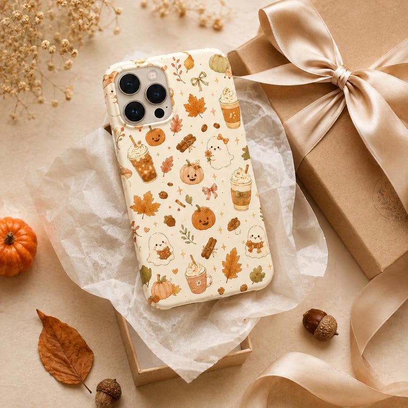 May include: A cream-colored smartphone case featuring a repeating pattern of autumn-themed illustrations including orange pumpkins, ghosts, cinnamon sticks, maple leaves, acorns, bows, and iced coffee drinks with whipped cream toppings.