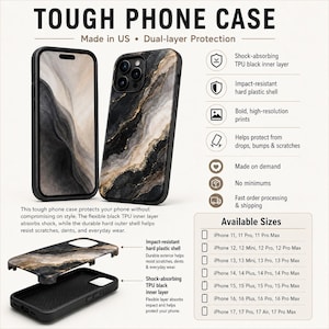 May include: A dual-layer phone case featuring a black, white, and gold marble pattern. The design includes a shock-absorbing black TPU inner layer and a hard plastic outer shell. The image displays the case from multiple angles and lists compatible iPhone models from 11 through 17.