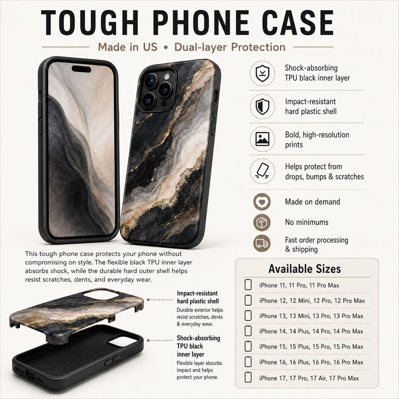May include: A dual-layer phone case featuring a black, white, and gold marble pattern. The design includes a shock-absorbing black TPU inner layer and a hard plastic outer shell. The image displays the case from multiple angles and lists compatible iPhone models from 11 through 17.