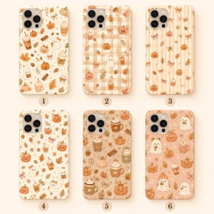May include: Six phone cases featuring autumn-themed patterns in shades of orange, brown, and cream. Designs include ghosts, pumpkins, coffee cups, leaves, and bows. Each case is numbered one through six, displaying a distinct arrangement of these icons.