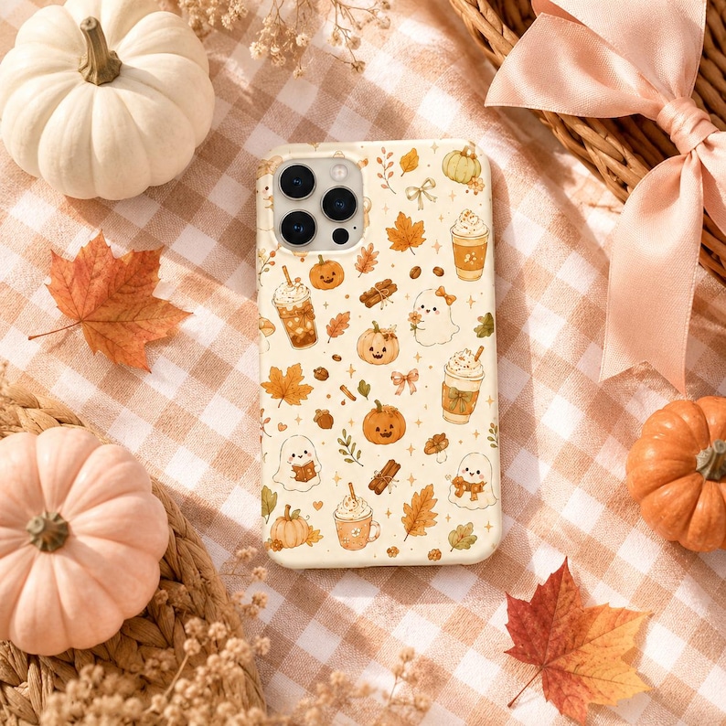 May include: A cream-colored smartphone case featuring a repeating pattern of autumn-themed illustrations including orange pumpkins, brown maple leaves, white ghosts, cinnamon sticks, acorns, and cups of coffee with whipped cream toppings.