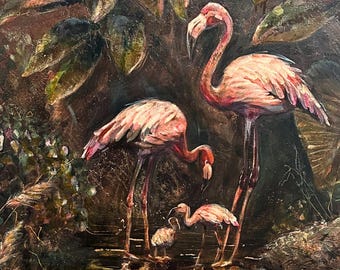Famille de flamants roses, peinture texturée originale à l'huile de techniques mixtes sur toile, salon maison doré, grande décoration murale paysage, art Feng Shui