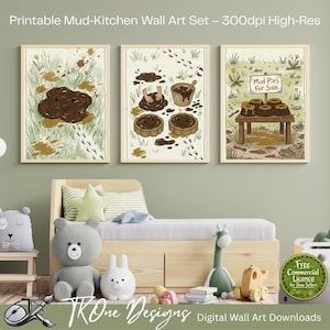 May include: A set of three wall art prints featuring illustrations of mud play. The first shows a mud puddle in grass, the second shows hands making mud pies, and the third shows a wooden stand with a sign that reads Mud Pies For Sale.