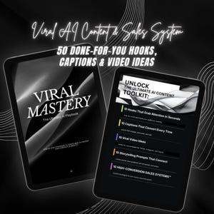 Könnte beinhalten: Zwei Tablets zeigen Informationen zum Content-Marketing. Eines zeigt "VIRAL MASTERY" und "The Ultimate AI Playbook". Das andere Tablet zeigt ein "AI CONTENT TOOLKIT" mit Listen von Hooks, Bildunterschriften, Videoideen und Verkaufssystemen.