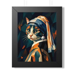 Geometric Cat with Pearl Earring Framed Vertical Poster | Modern Wall Art