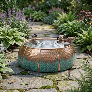 May include: A copper and verdigris bird bath with a hammered texture, filled with water. Three small birds are drinking from the water. The bird bath is set on a stone path surrounded by lush greenery and flowers.