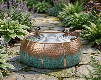 Hammered Copper Bird Bath with Green Patina | Handmade Moroccan Garden Decor | Rustic Backyard Birdbowl Water Feature