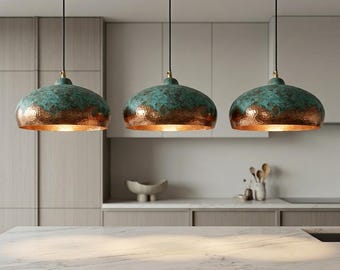 Lámpara colgante de cobre verdigrís, lámpara marroquí de cobre envejecido, lámpara colgante rústica con pátina para cocina, iluminación de techo antigua hecha a mano.