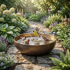 May include: A hammered bronze bird bath filled with water, surrounded by lush greenery and a stone pathway. Several small birds, including yellow, red, and black-capped varieties, are perched on the edge or splashing in the water. The scene is set outdoors in a garden.