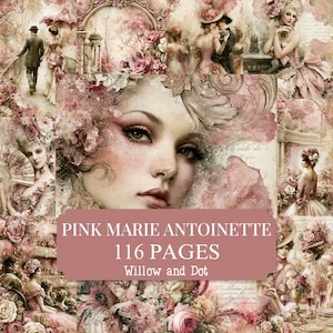 May include: A collage of vintage-style illustrations featuring pink floral motifs and portraits of figures in historical attire. A central rectangular label displays the text PINK MARIE ANTOINETTE 116 PAGES Willow and Dot over a soft pink background.