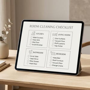 Può includere: Un tablet digitale che mostra una lista di controllo per la pulizia della stanza, con sezioni per la cucina, il soggiorno, il bagno e la camera da letto. Il tablet è su un tavolo di legno, accanto a un quaderno, una penna e un vaso con rami decorativi.