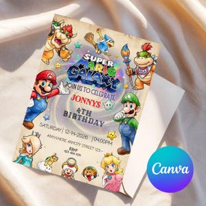 May include: A Super Mario Galaxy themed birthday invitation with various characters. The invitation includes the text "Join us to celebrate Jonnys 4th Birthday" and event details. The design features a vintage paper texture and a Canva logo.