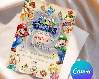 Mario Galaxy Geburtstagseinladung, Weltraum Party einladen, Jungen Gaming Geburtstagskarte, Canva Vorlage, Sofort Download (12,5 x 18 cm)
