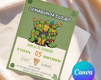 Bearbeitbare Ninja Turtle-Geburtstags-Einladung: Kinderparty-Vorlage (Digitaler Download 5 x 7 in Canva-Vorlage)
