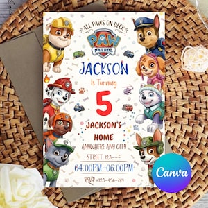 K&ouml;nnte beinhalten: Eine farbenfrohe Paw Patrol-Geburtstagseinladung mit Zeichentrickfiguren, dem Namen "Jackson" und der Zahl "5". Die Einladung enth&auml;lt den Text "All Paws on Deck", Party-Details und das Canva-Logo.