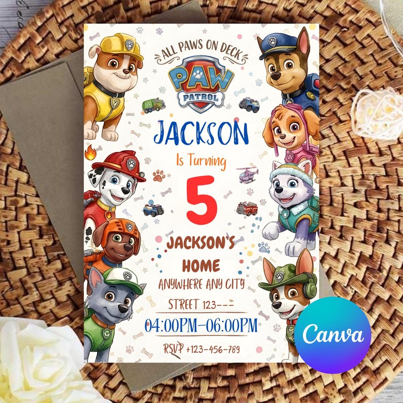 K&ouml;nnte beinhalten: Eine farbenfrohe Paw Patrol-Geburtstagseinladung mit Zeichentrickfiguren, dem Namen "Jackson" und der Zahl "5". Die Einladung enth&auml;lt den Text "All Paws on Deck", Party-Details und das Canva-Logo.