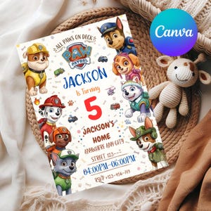 K&ouml;nnte beinhalten: Eine Geburtstagseinladung im Paw Patrol-Stil mit Zeichentrickfiguren und dem Text "Jackson wird 5". Die Einladung enth&auml;lt Veranstaltungsdetails und eine Kontaktnummer. Das Design ist farbenfroh und kindgerecht.