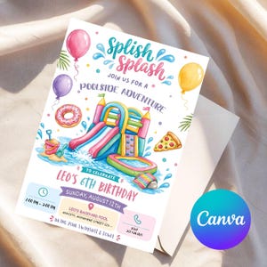 May include: A rectangular birthday invitation card featuring watercolour illustrations of a colourful inflatable water slide, a pink doughnut, a slice of pizza, and balloons. The text reads Splish Splash, Join us for a poolside adventure, Leo's 6th birthday, Sunday, August 12th, 2:00 PM - 5:00 PM, and Bring your swimsuit & towel.