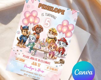 Bearbeitbare Einladungsvorlage für eine Pfoten-Geburtstagsparty | Druckbare Kinderparty-Einladung | Welpenpatrouille – Geburtstag für Jungen und Mädchen (Sofort-Download)