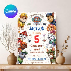 K&ouml;nnte beinhalten: Eine farbenfrohe Paw Patrol-Geburtstagseinladung mit Zeichentrickfiguren. Die Einladung enth&auml;lt den Text "Jackson wird 5" und Party-Details. Das Design ist vor einem wei&szlig;en Hintergrund.