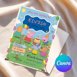 May include: A colorful birthday party invitation featuring cartoon characters, balloons, and a cake. The invitation reads "you are invited to ELVISH 10th birthday party" with event details. The Canva logo is in the bottom right corner.