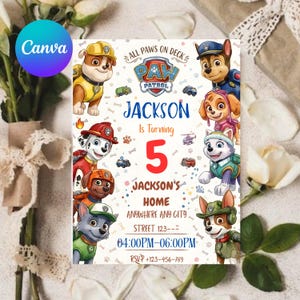 K&ouml;nnte beinhalten: Eine farbenfrohe Paw Patrol-Geburtstagseinladung mit Zeichentrickfiguren und dem Text "Jackson wird 5". Die Einladung enth&auml;lt Veranstaltungsdetails und RSVP-Informationen.