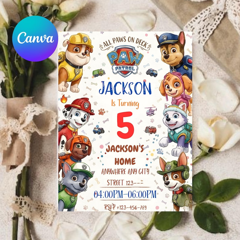 K&ouml;nnte beinhalten: Eine farbenfrohe Paw Patrol-Geburtstagseinladung mit Zeichentrickfiguren und dem Text "Jackson wird 5". Die Einladung enth&auml;lt Veranstaltungsdetails und RSVP-Informationen.