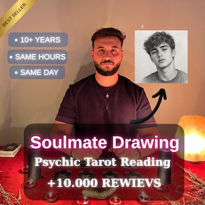 May include: A person in a dark t-shirt sits behind a red cloth with tarot cards, candles, and a salt lamp. Text overlays include "Soulmate Drawing", "Psychic Tarot Reading", "+10.000 REWIEVS", "10+ YEARS", "SAME HOURS", "SAME DAY", and a "BEST SELLER" banner.