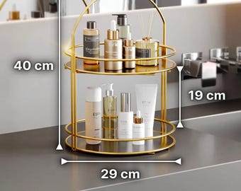 ゴールドのメイクアップオーガナイザー、木製化粧台トレイ、バスルーム収納、ソープホルダー、カウンタートップオーガナイザー、エレガントなホームデコレーション