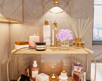 Gouden make-up organizer, houten make-up dienblad, badkameropberger, zeephouder, aanrecht organizer, elegante woondecoratie