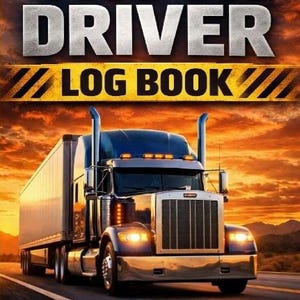 Könnte beinhalten: Ein digital bearbeitetes Bild eines Sattelschleppers auf einer Straße bei Sonnenuntergang, mit dem Text "TRUCK DRIVER LOG BOOK". Das Bild enthält auch Symbole für tägliche Protokolle, Arbeitszeiten und DOT-Konformität.